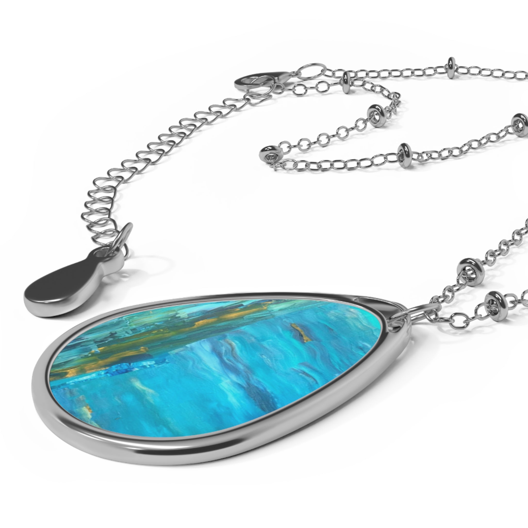 Ocean Blue Teardrop Pendant Necklace - Oval Art Glass Necklace