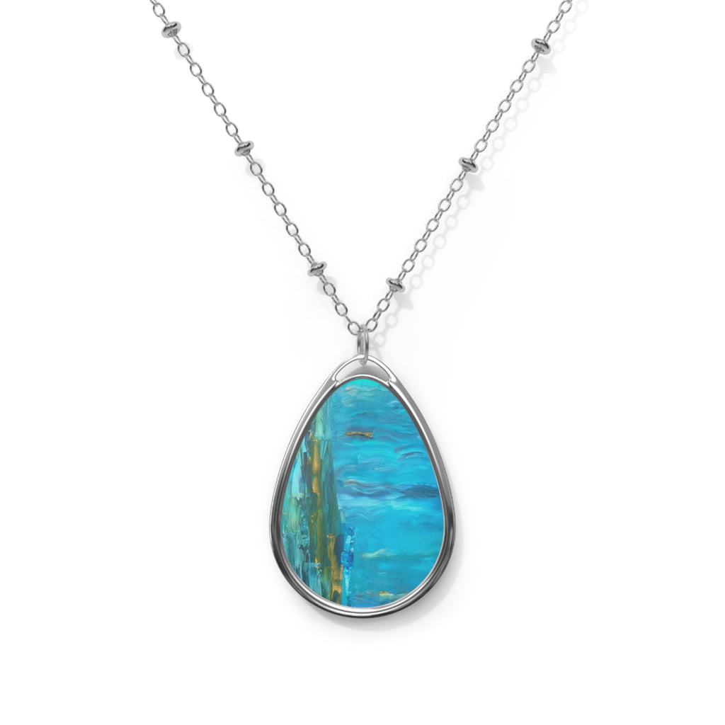Ocean Blue Teardrop Pendant Necklace - Oval Art Glass Necklace